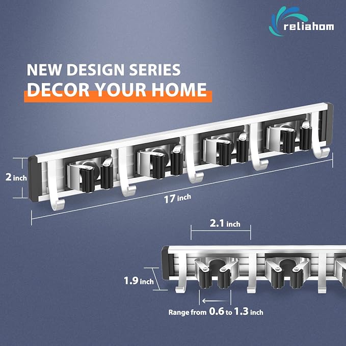 reliahom Broom Holder Wall Mount Mop Hanger Tools organizer 4Racks 5Hooks | Adjustable Mop Broom Wall Hanging Heavy duty Tools Storage Rack Space-saving for Garage,Kitchen,Laundry Room,Garden, Black - Image 6