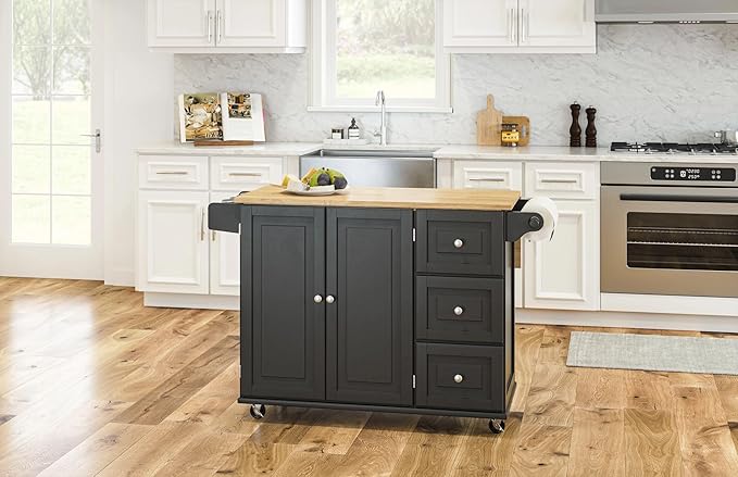 Homestyles Dolly Madison Black Mobile Kitchen Island Cart with Wood Drop Leaf Breakfast Bar - Image 4