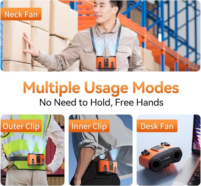 Doublepow 12000mAh Portable Waist Fan, Personal Waist Fan, Dual Air Ducts Motors, USB Rechargeable Clip On Belt for Working, 10 Speeds & 23H Wearable Neck Cooling, for Outdoor, Work, Travel (Orange) - Image 6