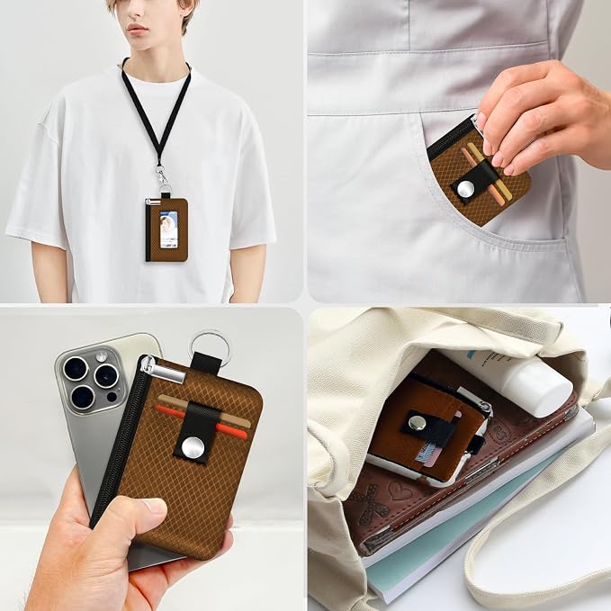 Minimalist RFID Blocking Small Wallet with ID Window,WaterResistant Zip Id Case Wallet with Lanyard Keychain for Cards,Cash,Travel,Women,Men (Brown) - Image 9