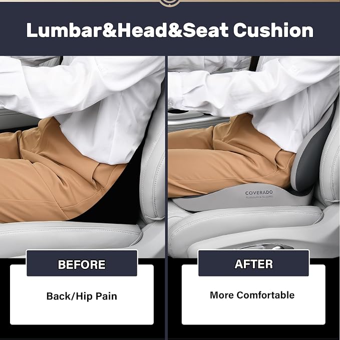 Coverado Car Seat Cushion and Lumbar Support with Headrest Pillow Memory Foam Ergonomic Back Support Driving Seat Cushion Neck Head Pillow, Back Pain Relief, Cushion for Car Driver Office - Image 4
