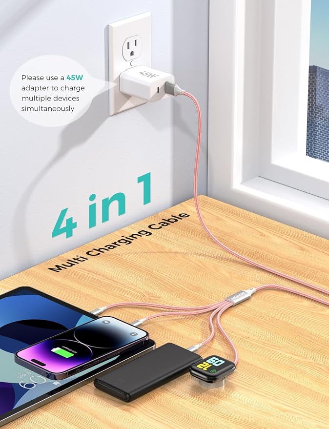 Amasuki Travel Essentials,4 in 1 for Apple Watch Charger/iPhone Charger/Multi Charging Cable,Vacation RV Camping Essentials,USB C/L/Micro Portable Charger for iWatch 11-1/iPhone 17-12,Car&Gift-Pink - Image 2