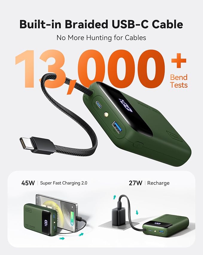 INIU 20000mAh Portable Charger, Smaller 45W Fast Charging Travel Power Bank | Flight-Safe, Built in USB-C Cable, Travel Essential, Battery Phone Pack for iPhone 17 16 Pro, Samsung S26, iPad etc, Green - Image 4
