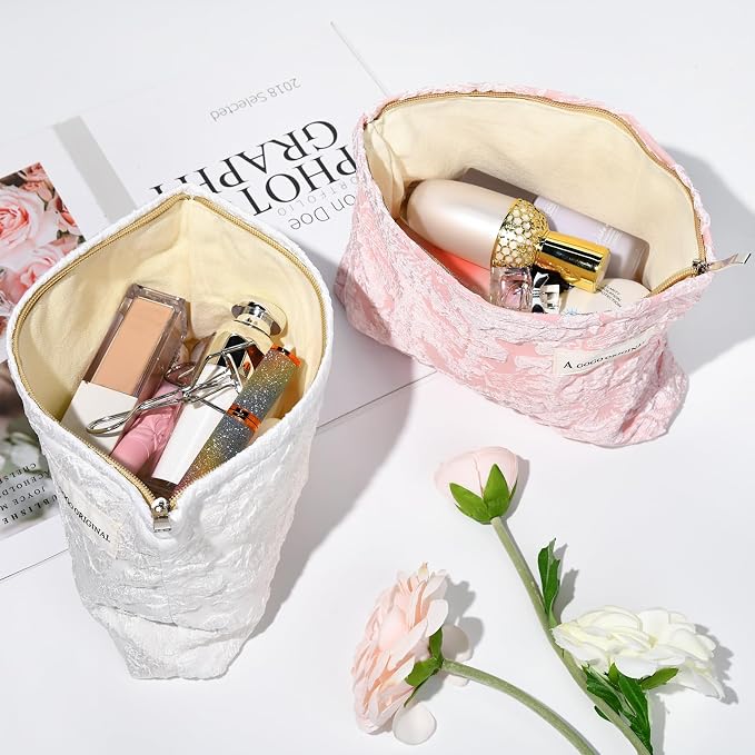SOIDRAM 2 Pieces Flower Makeup Bag Large Floral Cosmetic Bag Capacity Canvas Travel Toiletry Bag Organizer Cute Makeup Brushes Aesthetic Accessories Storage Bag for Women, Flower L White Pink - Image 5