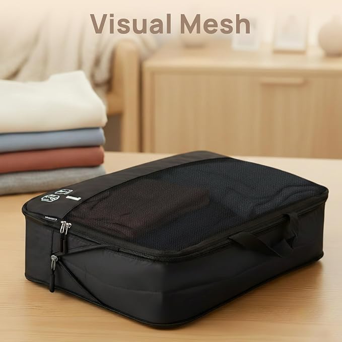 7 Set Compression Packing Cubes for Travel, Luggage Organizer Bags for Suitcases with Mesh Panels, Shoe Bag & Toiletry Bag for Carry On, Vacation & Cruise Essentials (Black) - Image 8