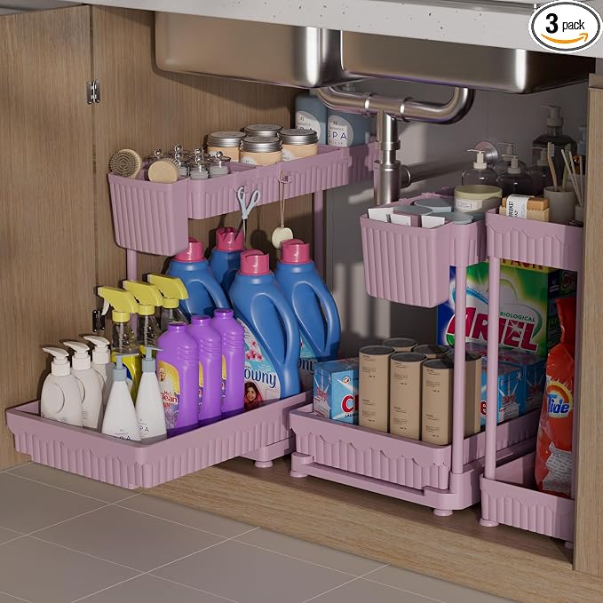 3-Pack 2-Tier L-Shaped Under Sink Organizers with Sliding Drawers | Multi-use kitchen & bathroom storage, 12.85 inch pink cabinet organizer, space-saving sliding drawer design. by Sevenblue