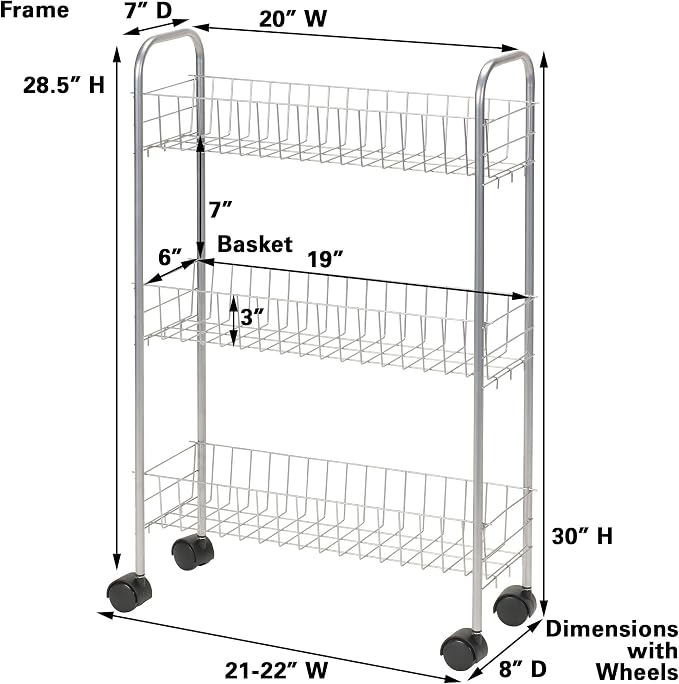 Household Essentials Slim Storage Cart, 3 Shelf Storage Cart with Wheels, Perfect for Laundry Rooms, Bathrooms, Pantries, Kitchens and More - Image 3