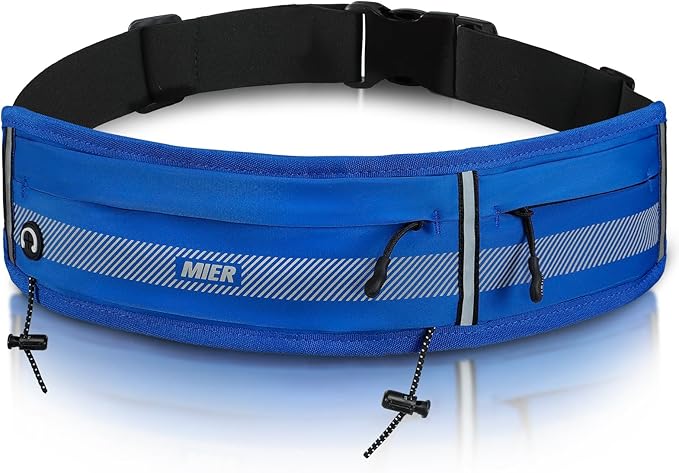 MIER Running Belt for Women & Men, Fanny Pack with Marathon Bib Clip, Navy | Slim Adjustable Phone Holder Pouch; Reflective Waist Packs for Running Essentials; Waterproof Zipper Pockets by MIER