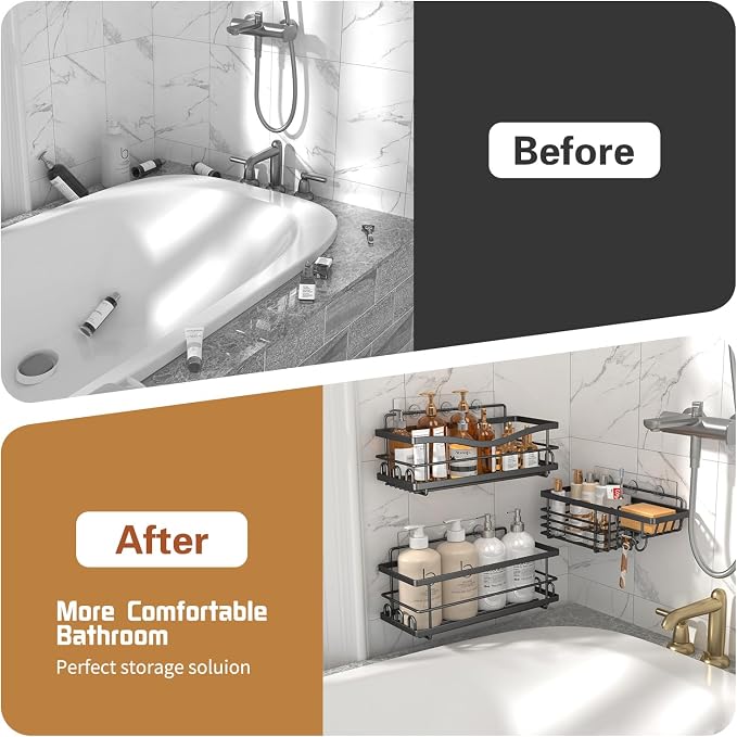 Youvip Shower Caddy, 3 Pack, Black | Large Capacity, No Drilling Adhesive, Rustproof Shelves, Soap Holder - Image 8
