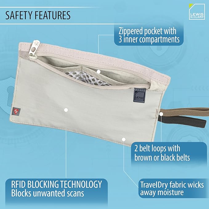 Lewis N. Clark RFID Blocking Money Belt Travel Pouch + Credit Card, ID, Passport Holder for Women & Men, Tan, One Size - Image 3