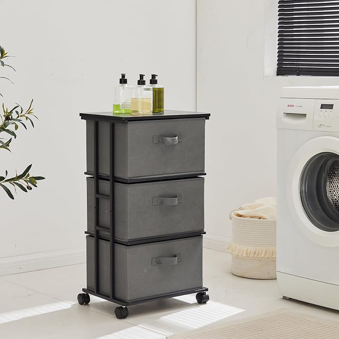 MAX Houser Dresser Tower with 3 Drawers, Grey | Fabric Storage Organizer Unit, Chest of Drawers with with WoodTop, Small Vertical Storage for Guest Room, Closet, Entryway - Image 9