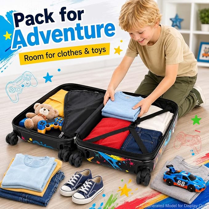 UFNDC Lightweight Hardshell Spinner Kids Suitcase Set 2PCS with Wheels - Airplane Approved Carry-On Luggage for Boys & Children Ages 3-10, Fun Game Rolling Suitcases for Elementary Toddler Travel - Image 3