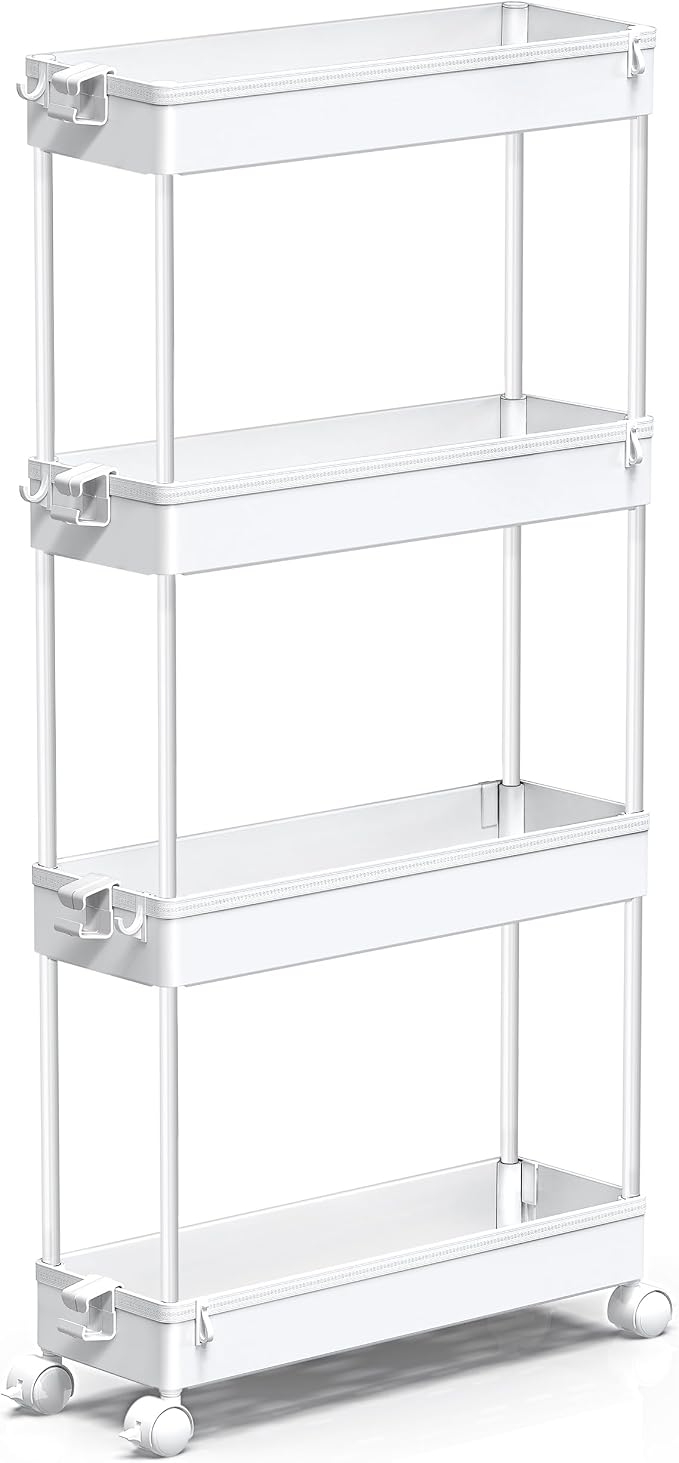 SPACEKEEPER Slim Rolling Storage Cart, 4 Tier Bathroom Cart Organizer,White | Narrow Rolling Cart with Wheels for Kitchen Office Bathroom Laundry Room,Mobile Utility Cart for Craft Art Makeup Nail Polish - Image 8