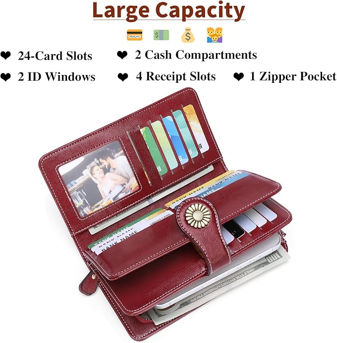 SENDEFN Wallets for Women Leather Credit Card Holder with RFID Blocking Large Capacity Wristlet | with RFID Blocking - Image 2