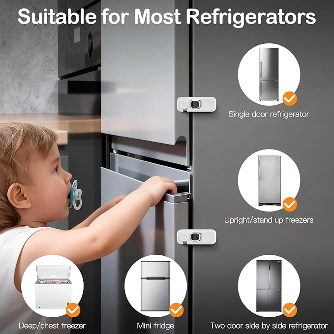 Fridge Locks for Kids with Strong Adhesive, 2 Pack Pet&Child Proof Refrigerator Lock for Kids to Keep Door Closed, Freezer Lock for RV Refrigerator, Garage Fridge, Upright Freezer, Mini Fridge, White - Image 4