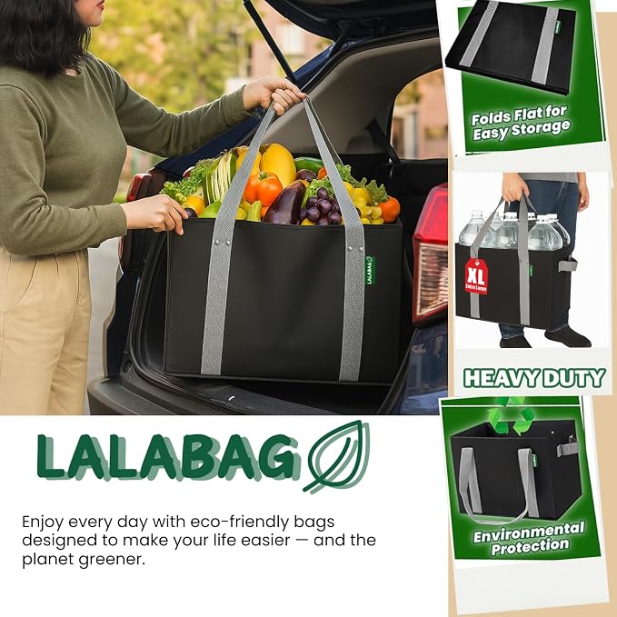 Reusable Grocery Bags (3 Pack ) - Heavy Duty Eco Tote Bags with Box Shape to Stand Up, Hold Up to 65 Lbs - Stay Open & Fold Flat - Foldable Reusable Shopping Bags with Long Handles & Hard Bottom - Image 6