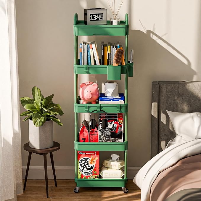 Sorgion 5 Tier Rolling Cart Organizer,Bathroom Cart Organizers with Wheels Laundry Room Organization Mobile Shelving Unit Utility Cart Storage Shelves Multi-Functional for Office, Home(Green) - Image 2