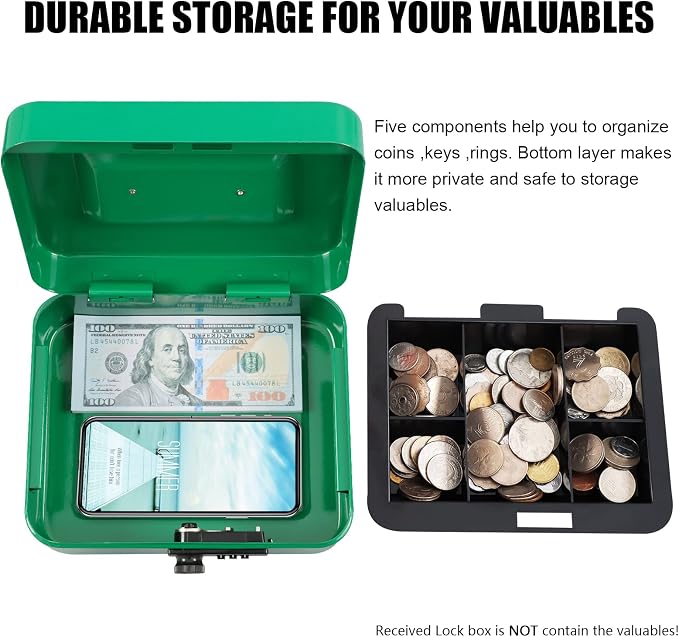 KYODOLED Cash Box with Combination Lock,Safe Metal Box for Money,Storage Lock Box with Money Tray,7.87"x 6.30"x 3.54" Green Medium - Image 4