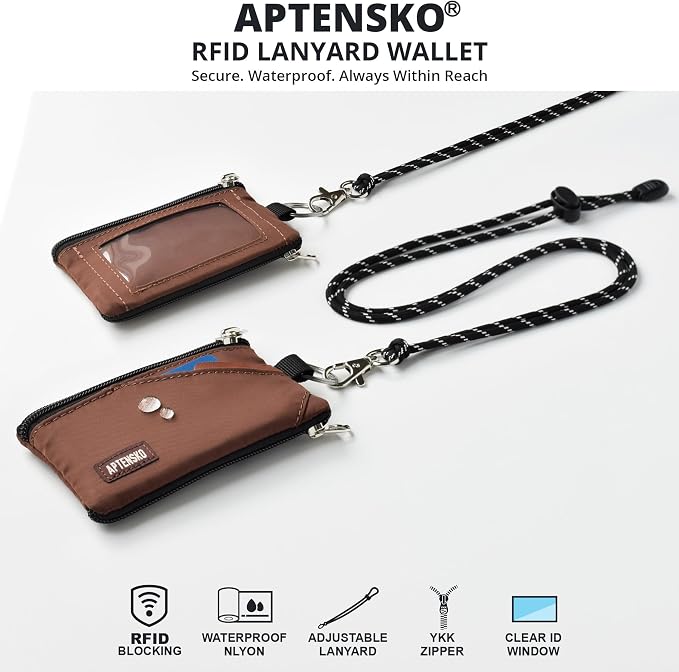 RFID Blocking Travel Wallet with Adjustable Lanyard, Small Nylon Zipper Pouch and Badge Holder for ID, Credit Cards, Cash, Keys, Commuters (Coffee) - Image 2