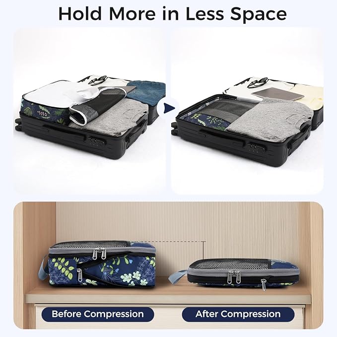 BAGAIL 4 Set/6 Set/8 Set Compression Packing Cubes Travel Accessories Expandable Packing Organizers (Half Mesh, 6-Navy Leaf) - Image 3