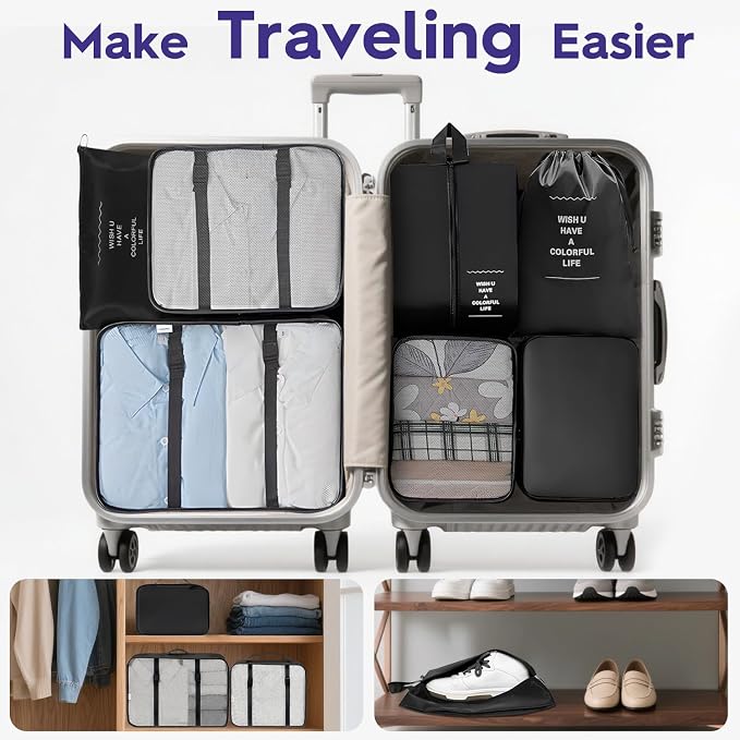 Fosmon 8-Piece Packing Cubes, Black Travel Luggage Organizer Set | Mesh storage bags for clothes/shoes/toiletries, durable, lightweight, ideal for carry-on and vacation, 8-piece set. - Image 5