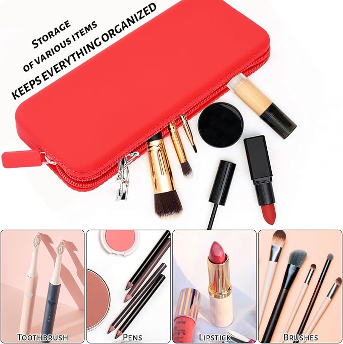 Travel Makeup Brush Holder, Waterproof Silicone Makeup Brush Bag with Zipper Closure, Soft Portable Makeup Brushes Organizer, Small Cosmetic Bag for Daily Work (Red) - Image 2