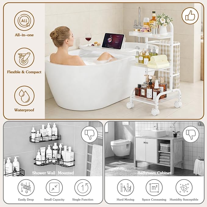 Bathroom Cart with Bathtub Tray Holder, Bathroom Organizers and Storage, Small Slim Shelf Organizer with Bath Tub Caddy Rack, 3 Tier Narrow Skinny Acrylic Rolling Cart for Laundry Room Living Room - Image 6