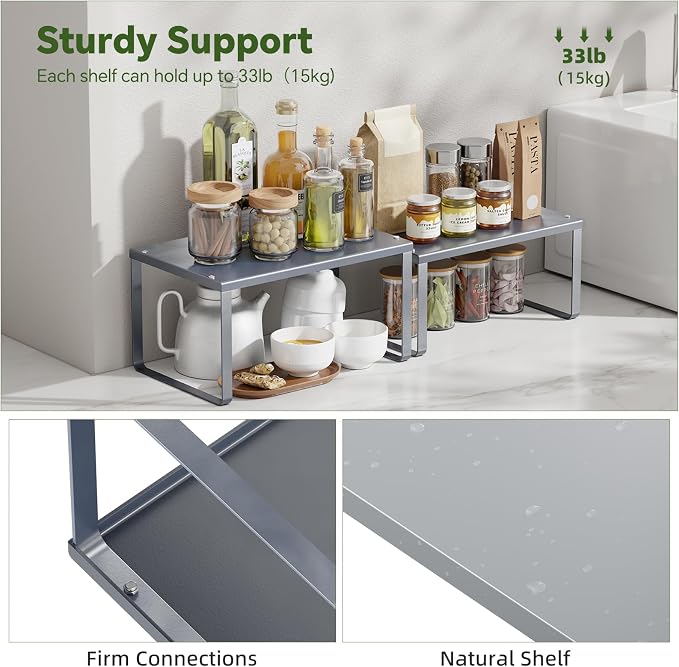 Simple Trending Cabinet Organizer Shelf, Set of 2 Kitchen Counter Shelves, Kitchen Storage, Stackable, Expandable, Metal Spice Rack for Cupboard, Bathroom, Desk, Pantry, Silver - Image 5