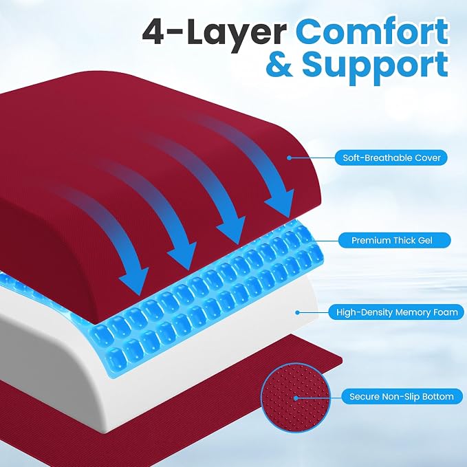 Wheelchair Seat Cushion for Pressure Relief, Cooling Gel Memory Foam Chair Cushion with Slope-Edge Design, Coccyx Support for Tailbone Pain, Non-Slip, for Wheelchairs, Office Chairs & Car Seats, Red - Image 5