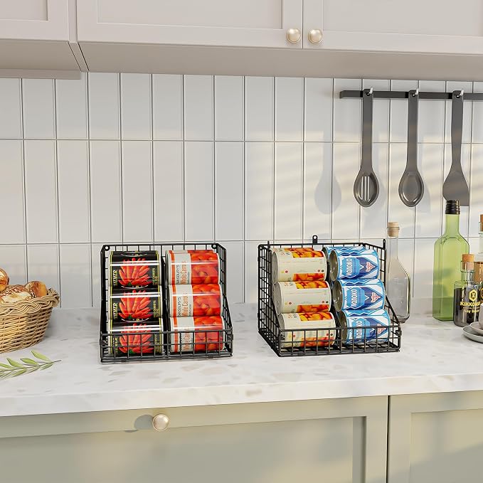 Stackable Can Organizer for Pantry with 2 Adjustable Dividers, Soda Can Organizer, Can Storage Dispenser Holds up to 28 Cans, 2 tier Metal Wire Baskets Can Holder for Kitchen Cabinet Pantry, Black - Image 6