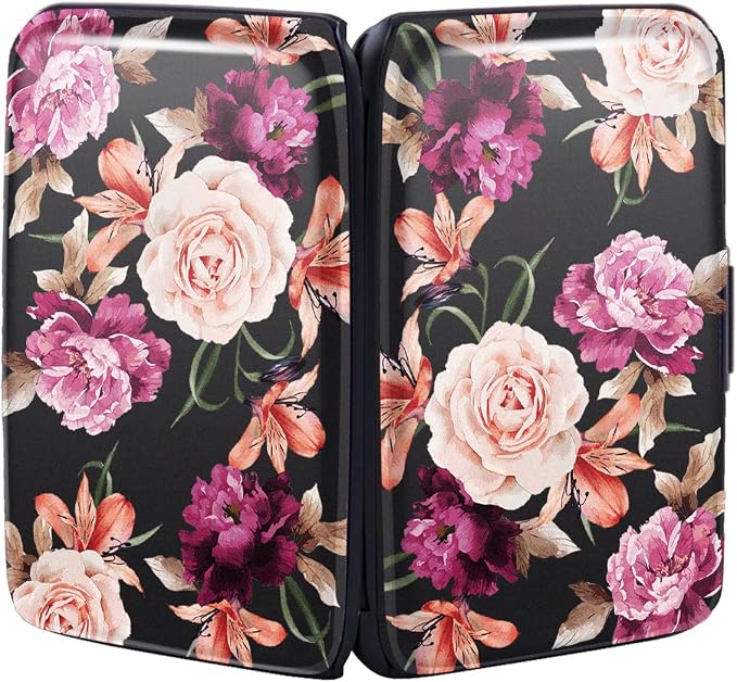 Mini Credit Card Holder for Women,RFID Blocking Slim Hard Card Case ID Case Travel Wallet Black Rose Flowers - Image 6