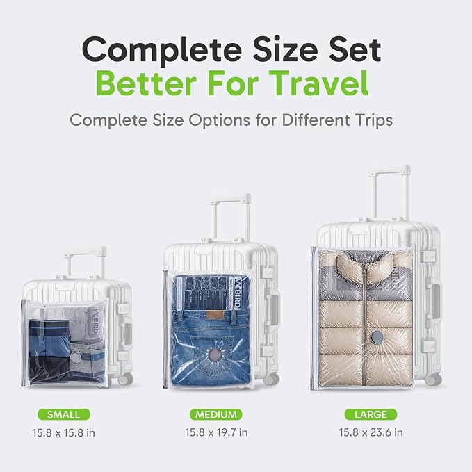 Vacbird Travel Vacuum Bags with USB Electric Pump, 18 Pack Vacuum Bags for Travel, Compression Vacuum Packing Bags for Luggage & Suitcase, Space Saving Travel Bags for Clothes and Clothing,Carry-On | Compression Vacuum Packing Bags, For Luggage & Suitc... - Image 4