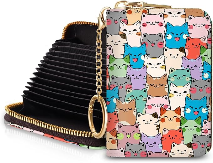 Blusabaca RFID Credit Card Holder Small Women Travel Wallet, Cute Cats | Removable Keychain, Case with Zipper, Vegan PU Leather, Cash Coin Pocket, Business Accordion Purse, Ladies Female Gift by Blusabaca