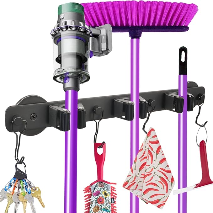 Heavy Duty Magnetic Mop Broom Holder with Swivel Hooks | Strong Magnet Mount Tool Hanger Organize System Utility Rack for Refrigerators Laundry Garage Kitchen by SKNOOYLIGHT