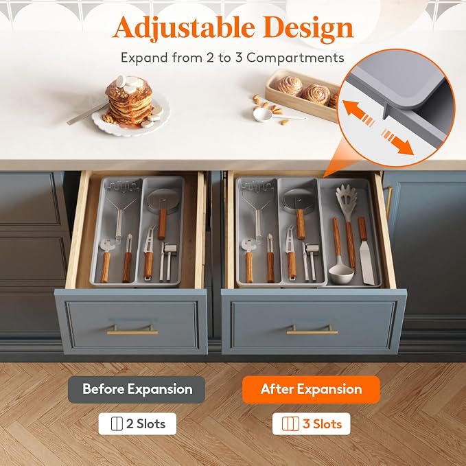 Lifewit Utensil Organizer for Kitchen Drawer, Expandable Cooking Tray | Adjustable Cutlery Flatware Holder, Plastic Silverware Spatula Tools Storage Divider, 8.9-14.4 x 15.8", Gray - Image 4