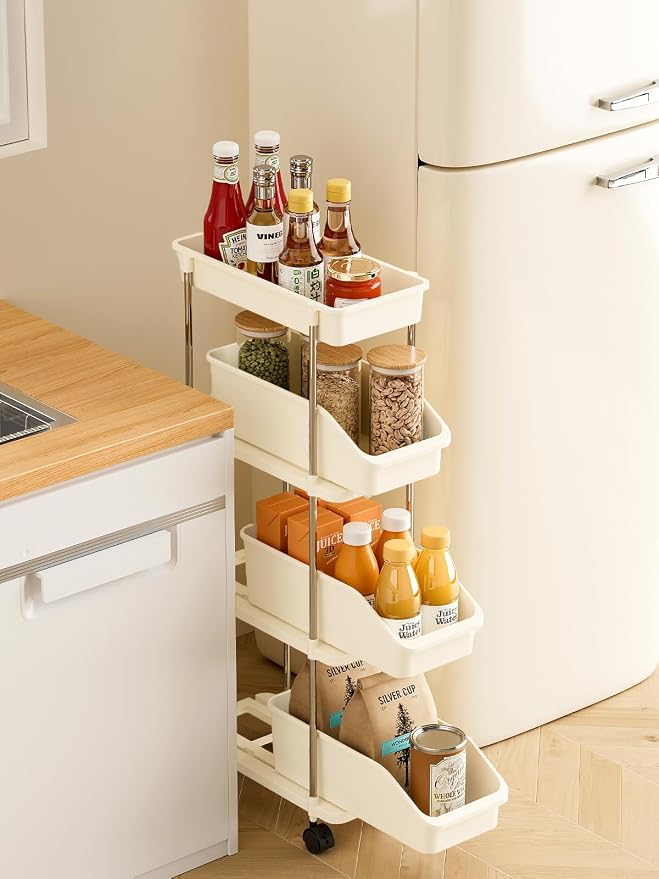 Slim Storage Cart 4 Tier Slim Rolling Utility Cart with Pull-Out Baskets & Wheels for Narrow Space in Kitchen Dining Room Bathroom Laundry Room Cream White (Width 6.3 Inches) - Image 3