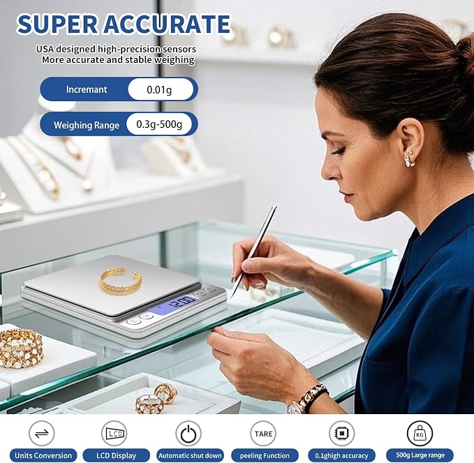 Gram Scale Small Digital Food Scale, 500g by 0.01Gram/0.001Ounce, Accurate Weighting, MEIYA Multifunction Kitchen Scale for Jewelry/Baking/Soap, 9 Units, Tare Function, LCD Display, Including Battery - Image 2