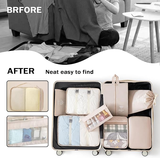 8 Set Packing Cubes for Suitcases, INVODA Travel Luggage Packing Organizers with Laundry Bag, Compression Storage Shoe Bag, Clothing Underwear Bag (Beige) - Image 3