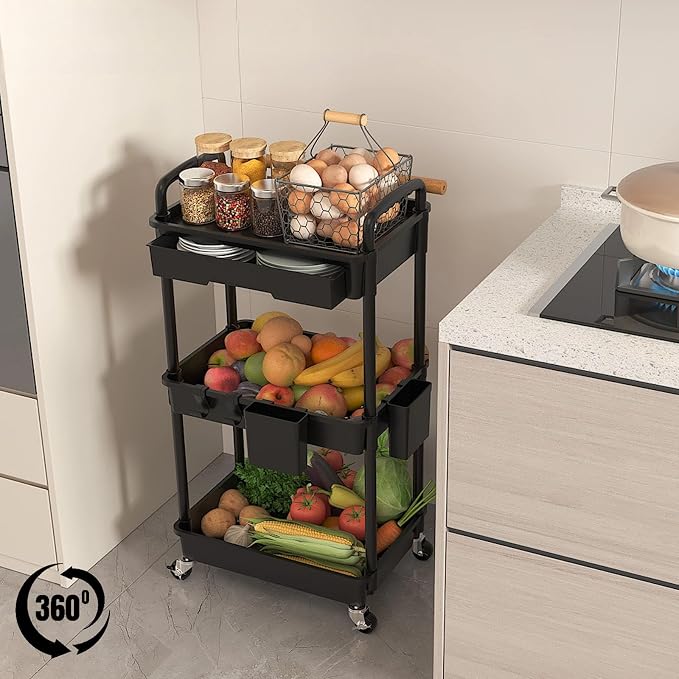 3 Tier Rolling Utility Cart with Drawer, Plastic Storage Organizer Rolling Carts with Wheels Handles Hanging Cups Hooks for Office, Bathroom, Kitchen,Craft Art Room (Black) - Image 4