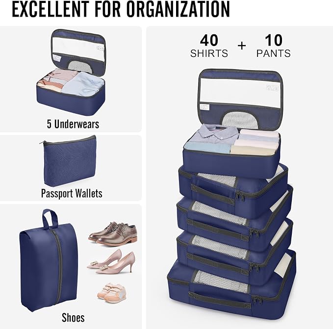 Veken 10 Set Packing Cubes for Travel Essentials,Anti-Wrinkle Buckled Suitcase Organizer for Shoe & Toiletry Bag,Carry On Luggage Bag with 99+ Count Mesh Holes for Airplane & College Dorm Accessories - Image 6
