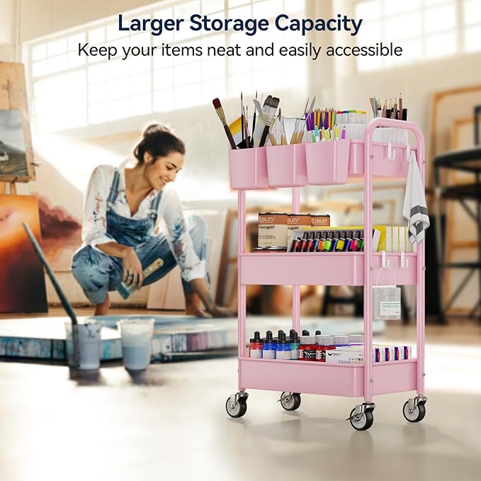 3 Tier Rolling Cart, Heavy Duty Metal Utility Cart with Wheel Pink | Sturdy Rolling Storage Cart With Hooks & Hanging Cups, Great For Craft, Art Workspace, Kitchen ,Snack And Office Storage - Image 4