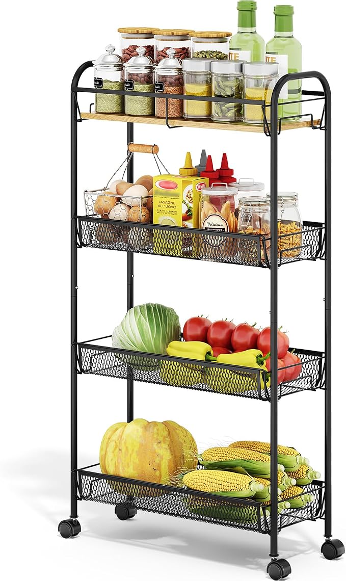 TOOLF 4-Tier Slim Rolling Cart, Metal Utility Cart, Slide Out Storage Cart with Wooden Tabletop and Mesh Baskets for Narrow Space on Kitchen Bathroom Laundry Room Bedroom Apartments Dormitory by TOOLF