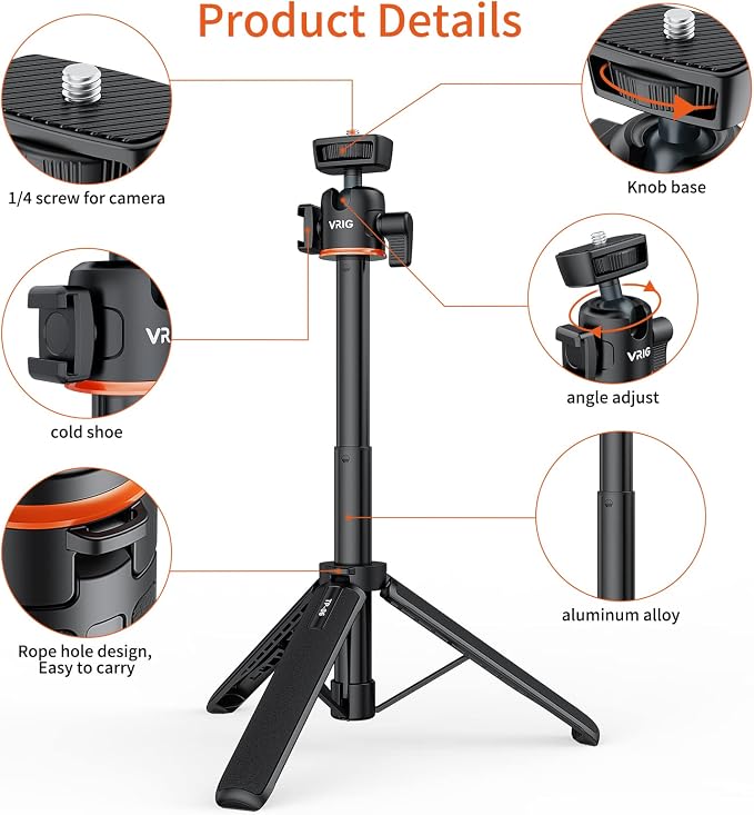 VRIG 21.6" Extension Pole Tripod for DJI Osmo Pocket 4/3,Insta360 Luna Ultra, Mini Selfie Stick Tripod Stand Handle Grip for Insta360 X5,Xtra Muse Webcam Canon G7X Mark III Sony Cameras Vlogging - Image 3