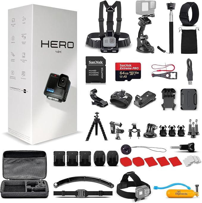 GoPro Hero Black Compact Action Camera with 50-in-1 Accessory Kit Bundle | Waterproof | 4K Ultra HD Video | 12MP Photos | Stabilization + 64GB Memory Card + More by Unknown