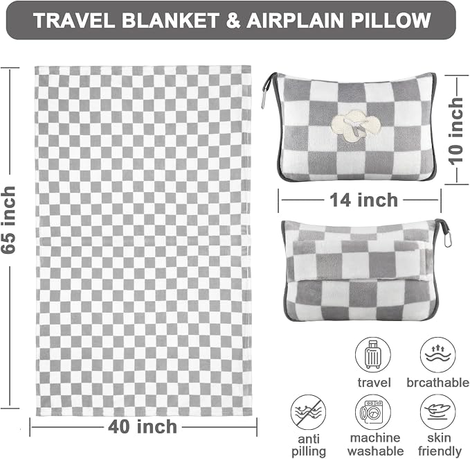 Travel Blanket and Pillow Compact, Premium Soft 2 in 1 Airplane Blanket with Soft Bag Pillowcase，Hand Luggage Sleeve and Backpack Clip (Grey Checkered) - Image 2