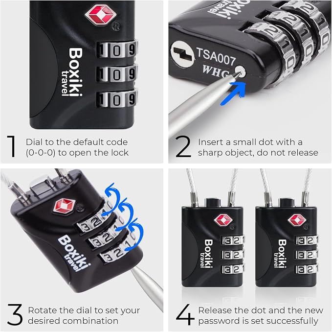 TSA Approved Cable Luggage Locks 2 Pack, 3-Dial Combination Travel Lock Set with Flexible Steel Cable for Suitcases, Backpacks, Carry On Bags, Duffels, Zippers & Cabin Baggage, Small Keyless Padlocks - Image 5