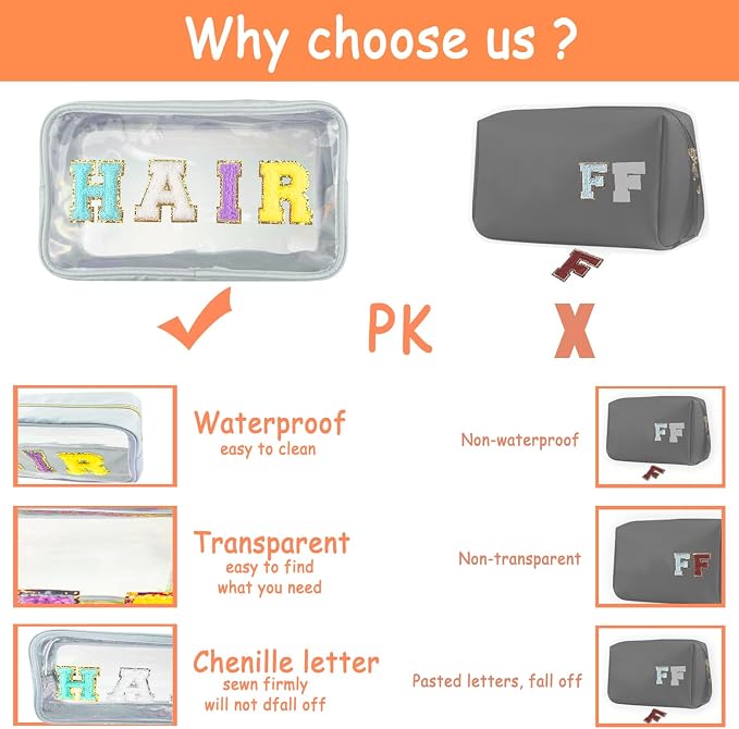 Bunliuys Chenille Letter Clear Makeup Bag Beach Patch, Travel Toiletry Makeup Bag with Handle, Nylon Waterproof Makeup Bags clear cosmetic bag, preppy patch makeup bag for Women (BEACH-Orange) - Image 4