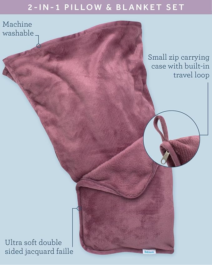 Bliss Faille Travel Pillow & Blanket Set, 2-in-1, Compact | Smooth Textured Fabric Feels Soft Against Skin, Packs Down Small for Flights or Camping, Machine-Washable Cover for Easy Care - Image 4