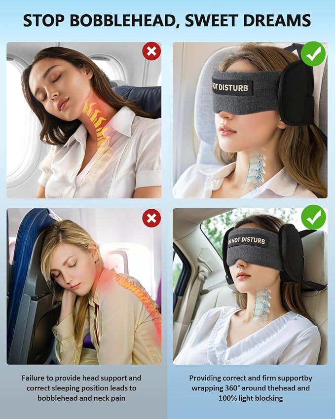 Travel Pillows for Airplanes, Plane Pillow with Eye Mask for Long Flights Sleeping, 360° Support Airplane Head Strap Compact Flight Essentials for Travel Sleep Neck Upright, Stop Head Bobbing (Grey) - Image 3
