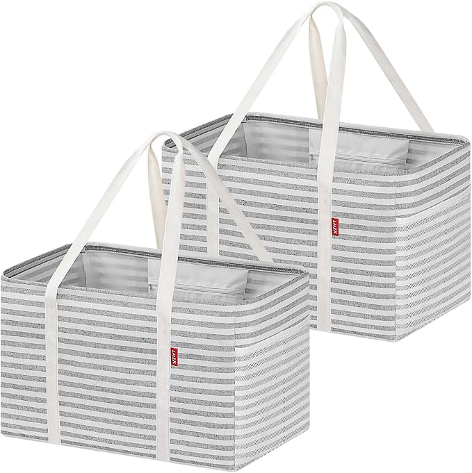 LHZK 2 Pack Utility Tote Bag with Metal Wire Frame and the Sides Rinforced, Large Tote Bag with Handle, Reusable Grocery Bags Foldable, Beach Bag, Car Tote (Gray, 18.5''x11.8''x11.5'') by LHZK